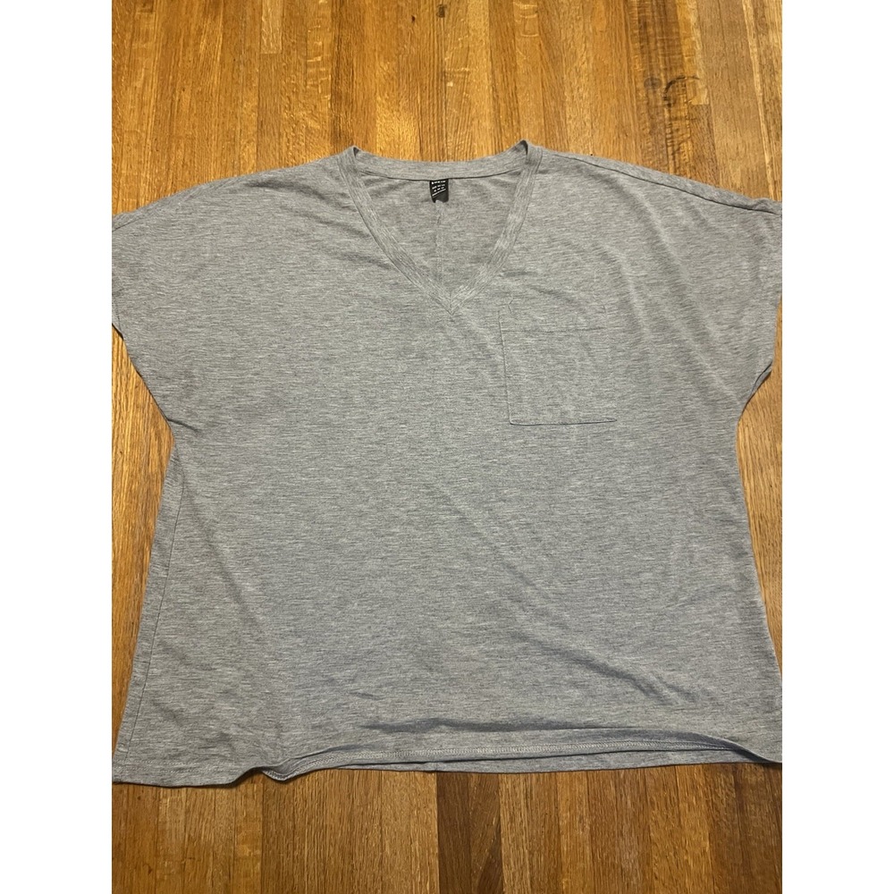 Shein Women 1XL Solid‎ Gray Short Sleeve Pocket V-Neck Relaxed Fit Casual Shirt